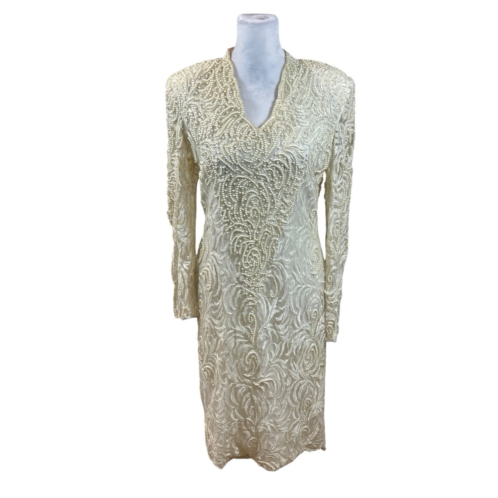 Vintage Lawrence Kazar Ivory Lace and Pearl Embellished Long Sleeve Dress Small